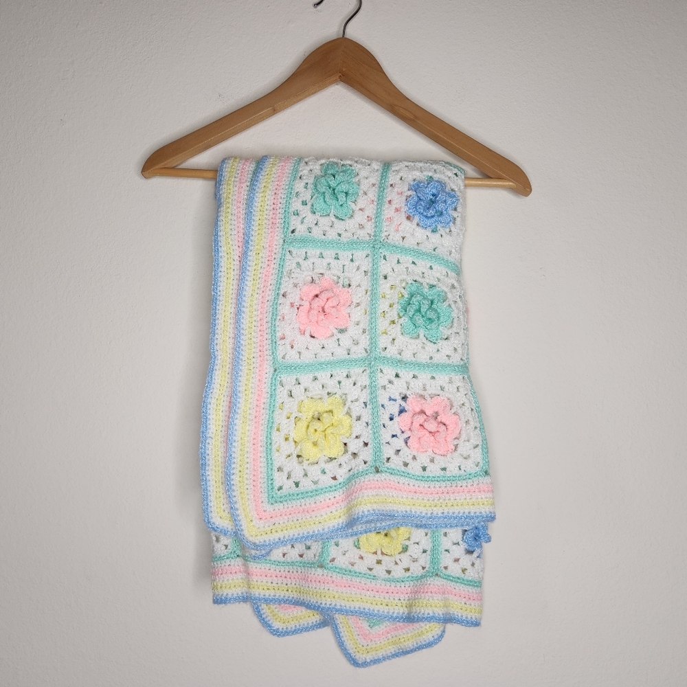 Handmade Baby Crochet Knit Rose Afghan Blanket Granny Squares